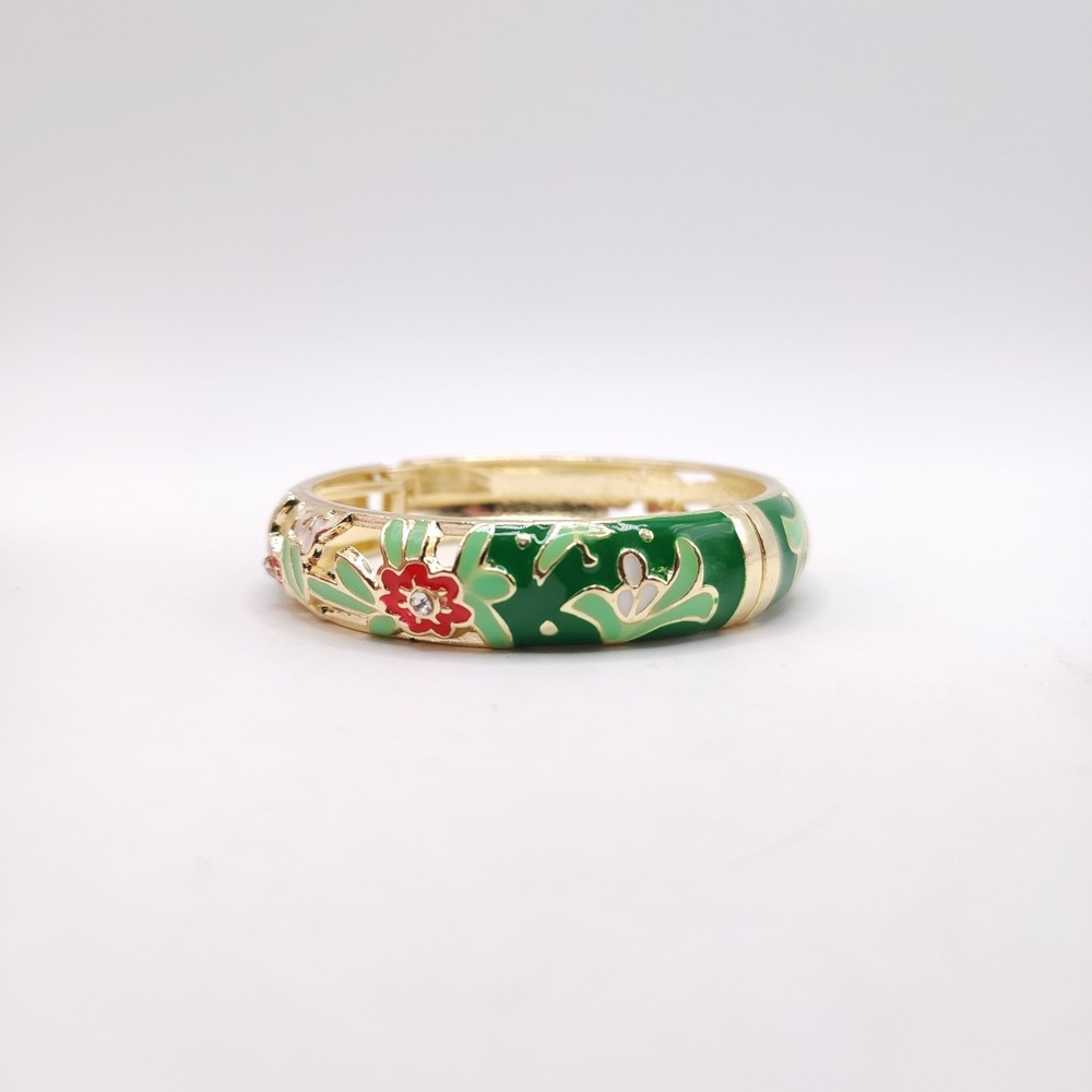Floral Enamel Hinge Bangle 18K Gold Plated Rhinestone Bracelet - Picture 3 of 6